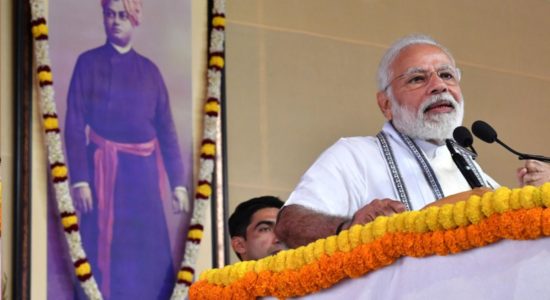 Modi addressing the gathering at the Belur Math, in Kolkata