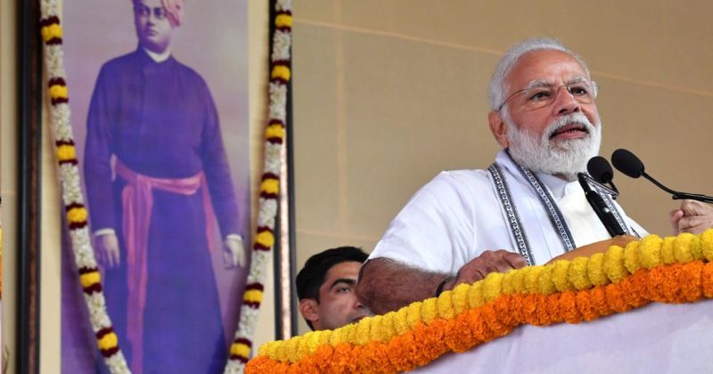 Modi addressing the gathering at the Belur Math, in Kolkata