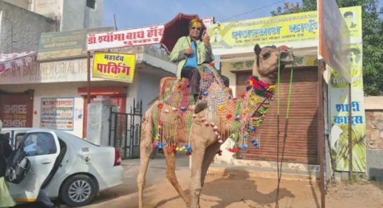 Reached the polling station riding a camel and cast his vote.