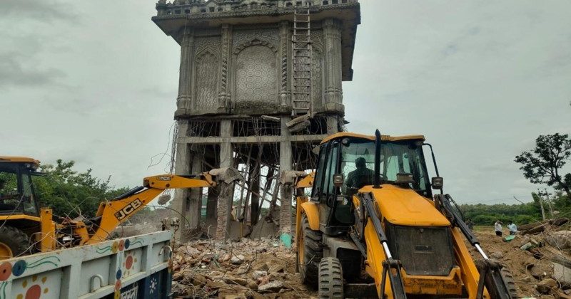 Bulldozer demolishes an illegal mazar in Shravasti
